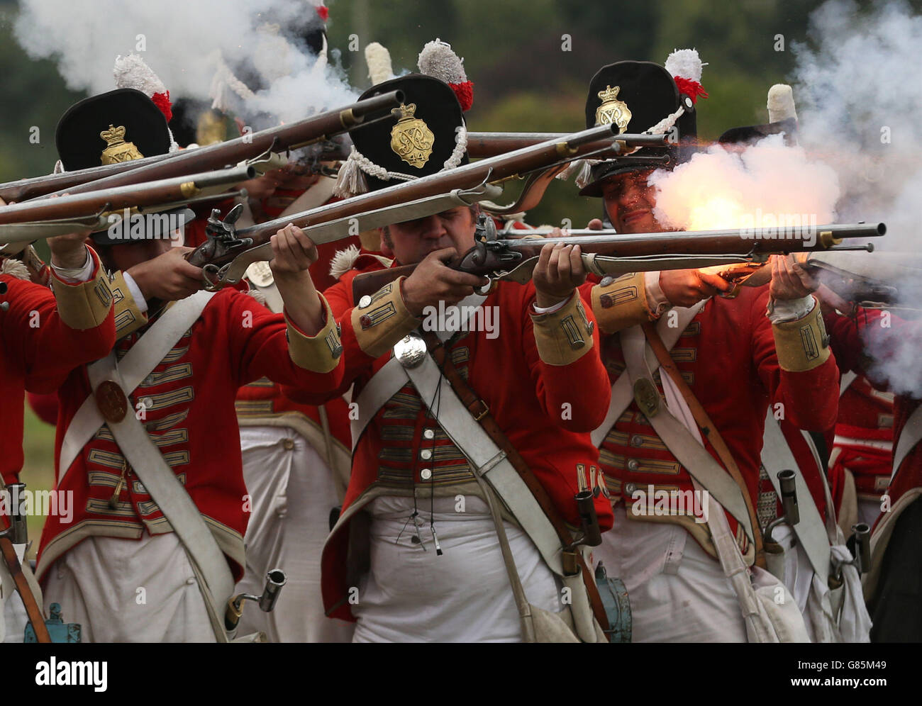 Photo. British soldiers open fire during the annual Vinegar Hill Battle, the largest battle re-enactment in Ireland at Enniscorthy, Co Wexford. Stock Photo