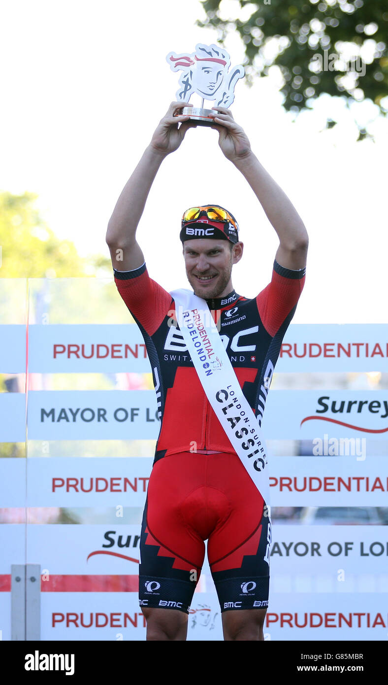BMC Racing Team's Jean Pierre Drucker celebrates on the podium after winning the London-Surrey Classic during day Two of the Prudential RideLondon, London. Stock Photo