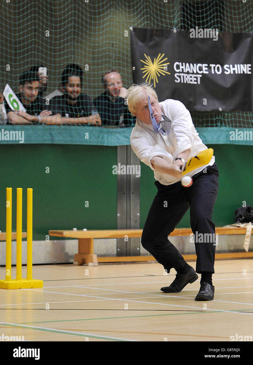 Mayor of London Boris Johnson takes part in a street cricket tournament in aid of Chance to Shine Street charity at Hillingdon Sports and Leisure Complex in London. Stock Photo