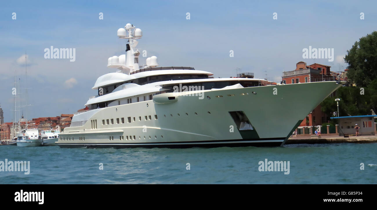 PELORUS one of the world's largest luxury yachts at 115 metres in length, here moored in Venice in June 2016. Photo Tony Gale Stock Photo