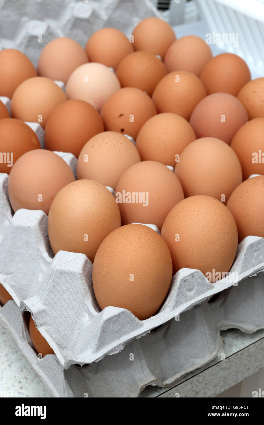 Close up of brown eggs on Cardboard tray Stock Photo