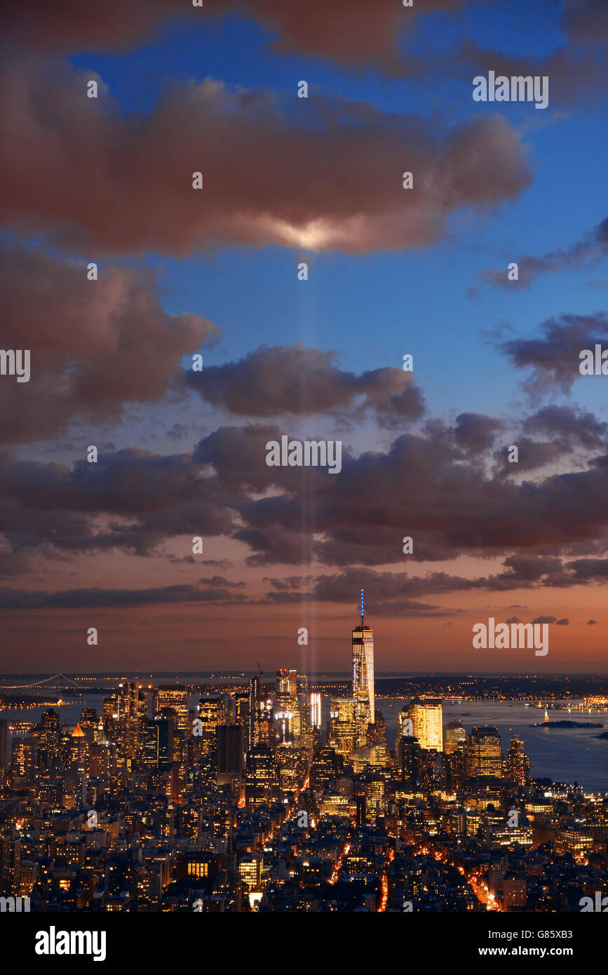 New York City downtown skyline view at night with September 11 tribute ...