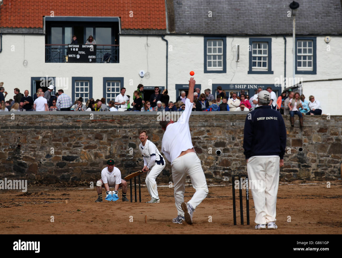 Action from the Ship Inn Cricket team against Obolensky's Heroes on Elie beach. Stock Photo