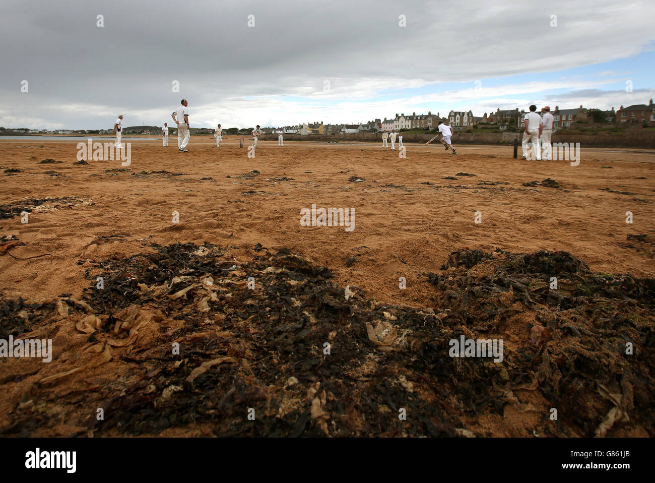 Beach cricket. Action from the Ship Inn Cricket team against Obolensky's Heroes on Elie beach. Stock Photo