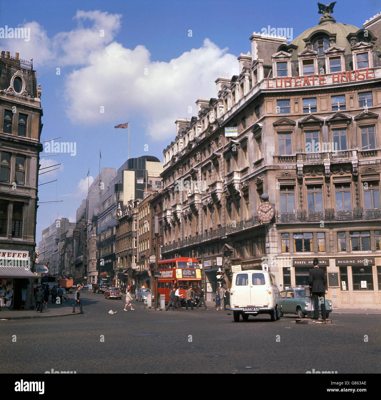 View of Ludgate Circus, looking up Fleet Street, with Ludgate House pictured on the right. Stock Photo