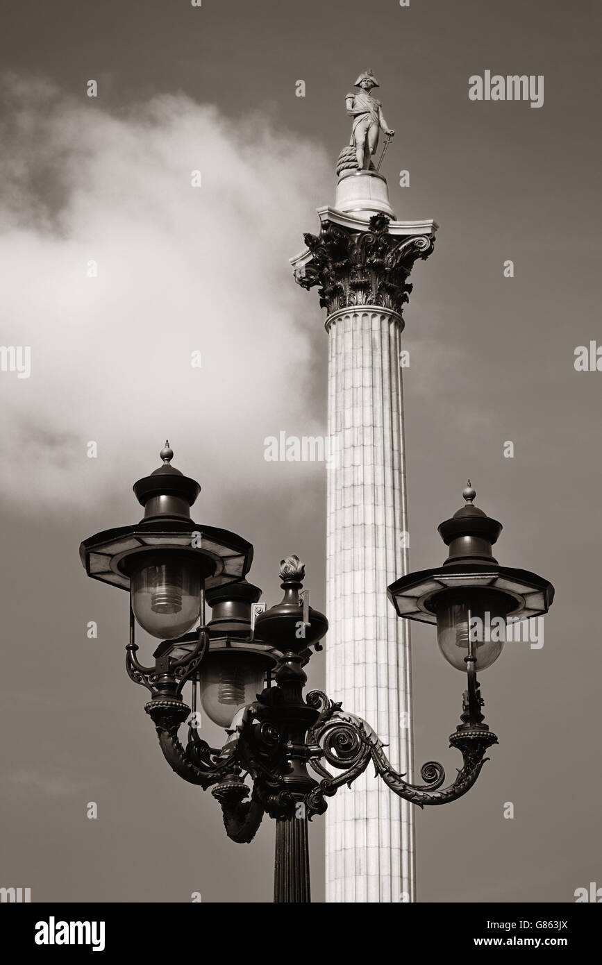 Nelson's Column and vintage lamp in London. Stock Photo