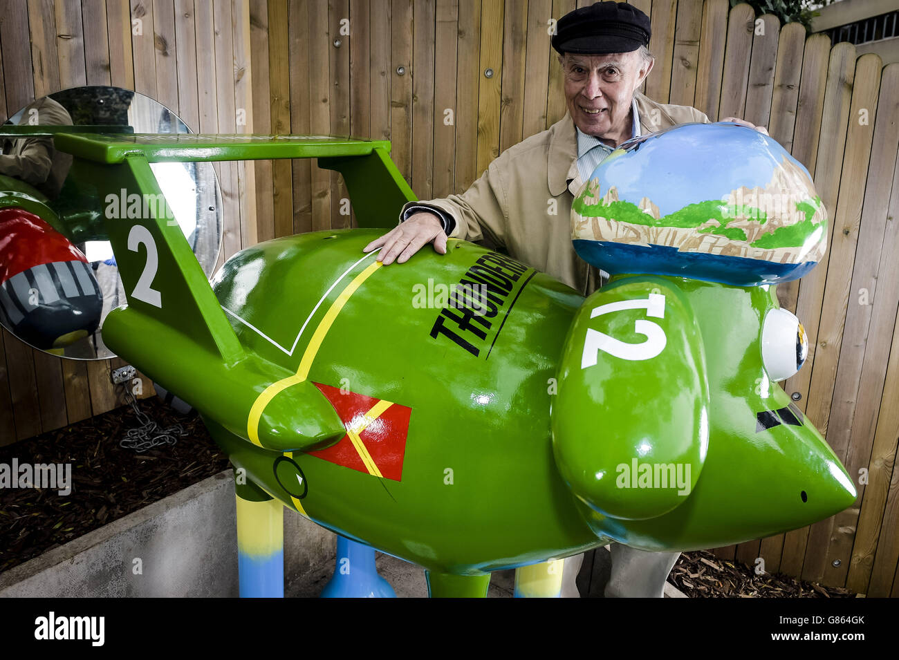 The voice of Thunderbirds Parker, David Graham, by a sculpture of Shaun the Sheep titled Thunderbirds Are Go, which is one of 70 sheep sculptures placed around the city of Bristol, decorated by artists and celebrities to raise money for the Wallace & Gromit's Grand Appeal. Stock Photo