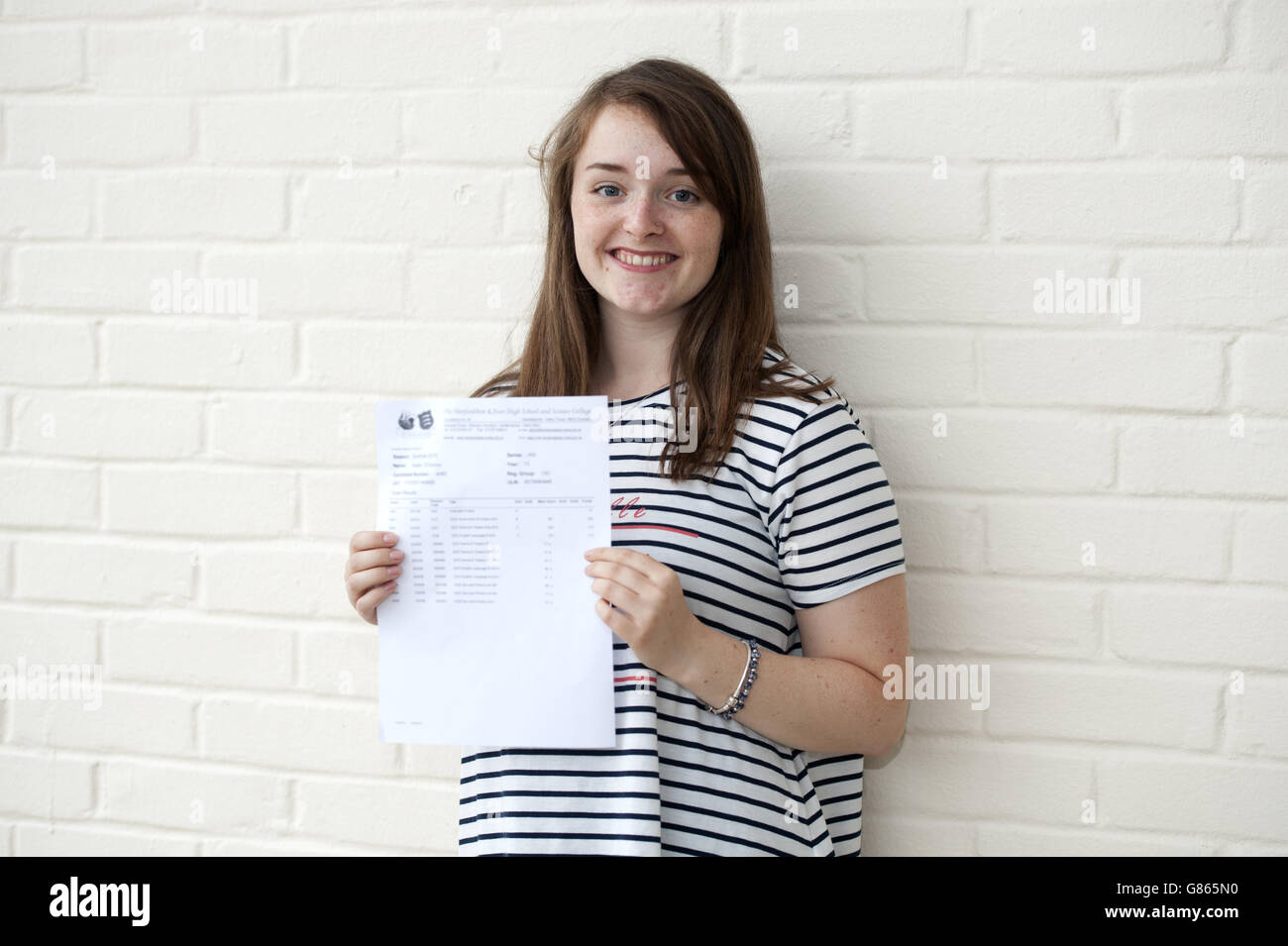 Student Katie O'Connor, 18, who achieved A, B, C, C and will go to Aston university to study English language and Politics, holds her A Level results at Chelmsford County High School for Girls. Stock Photo