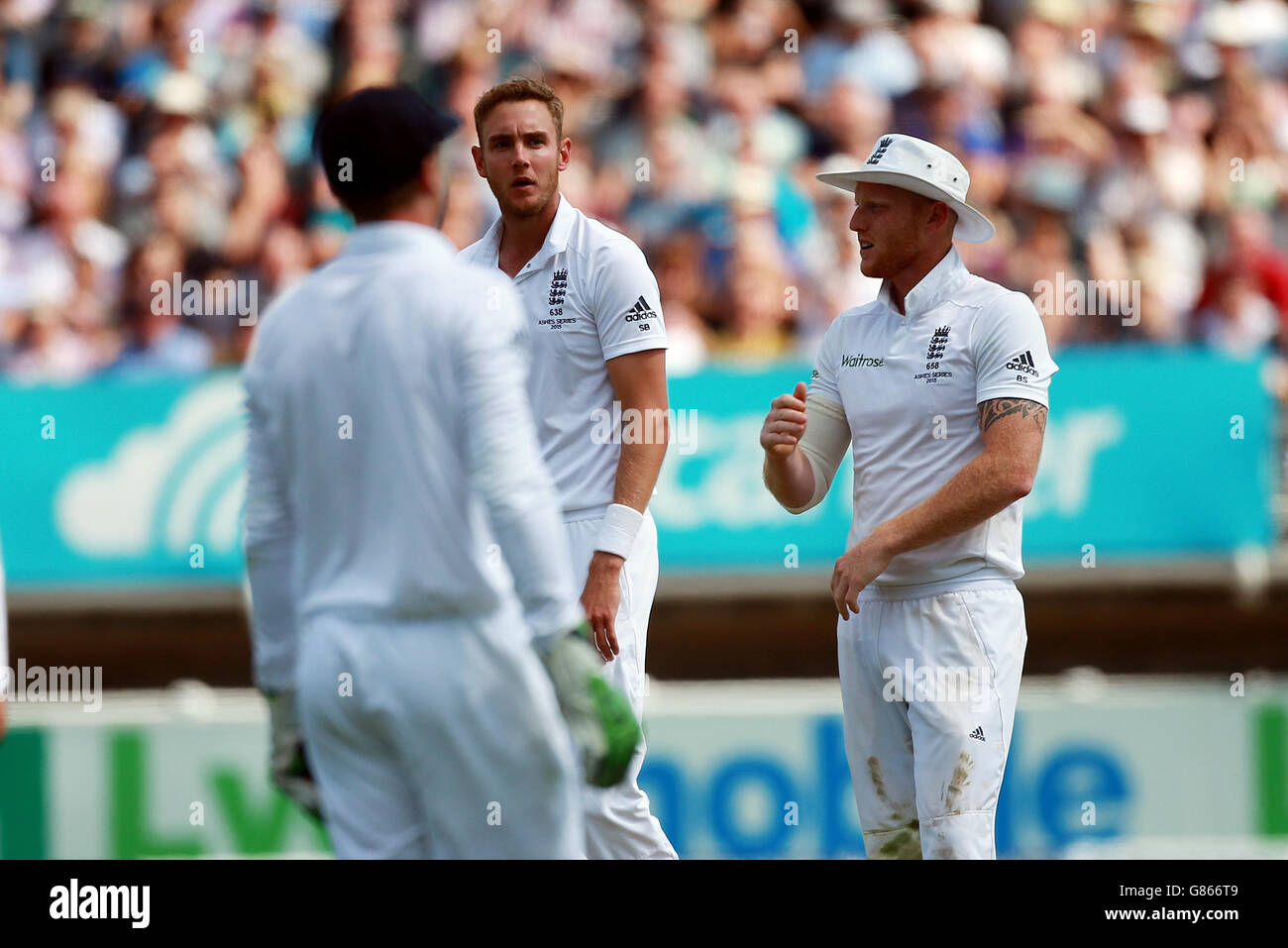 England's Stuart Broad shows his frustration at an unsuccessful appeal during day three of the Third Investec Ashes Test at Edgbaston, Birmingham. Stock Photo