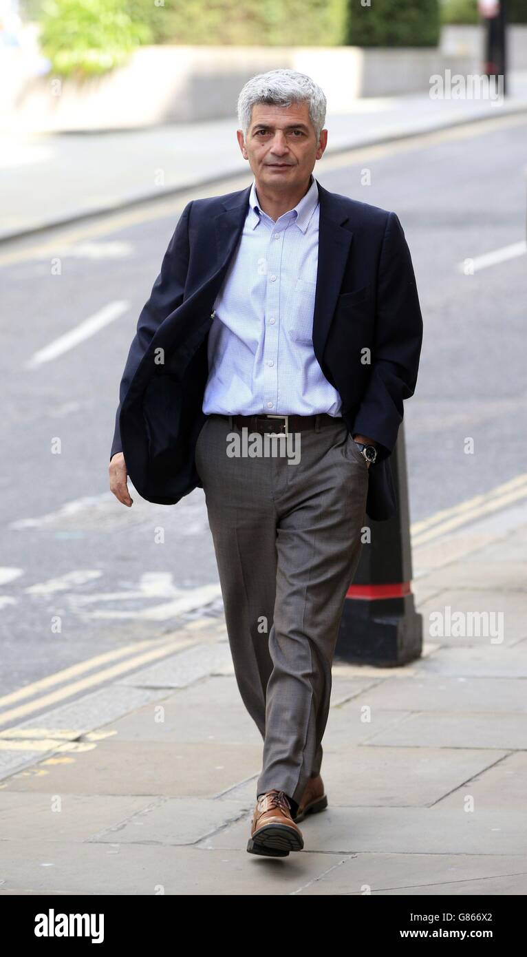 Gatropub landlord Rostam Notarki arrives at the Old Bailey, London, where he faces jail for killing wealthy eccentric American Charles Hickox with an ironing board. Stock Photo