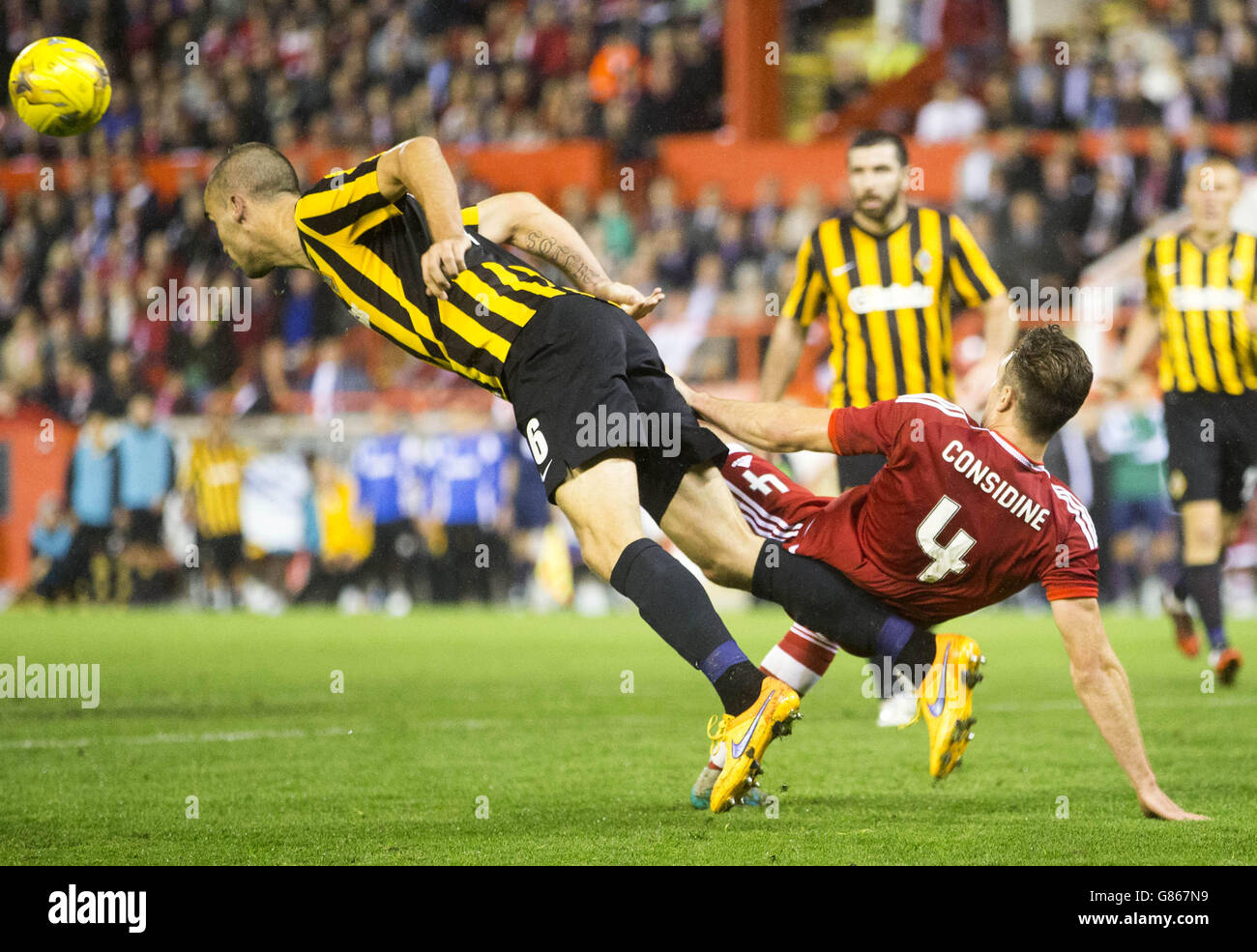 Aberdeen's Andrew Considine goes down in the box no penalty is given during the Europa League, Third Qualifying Round, Second Leg match at Pittodrie Stadium, Aberdeen. Stock Photo