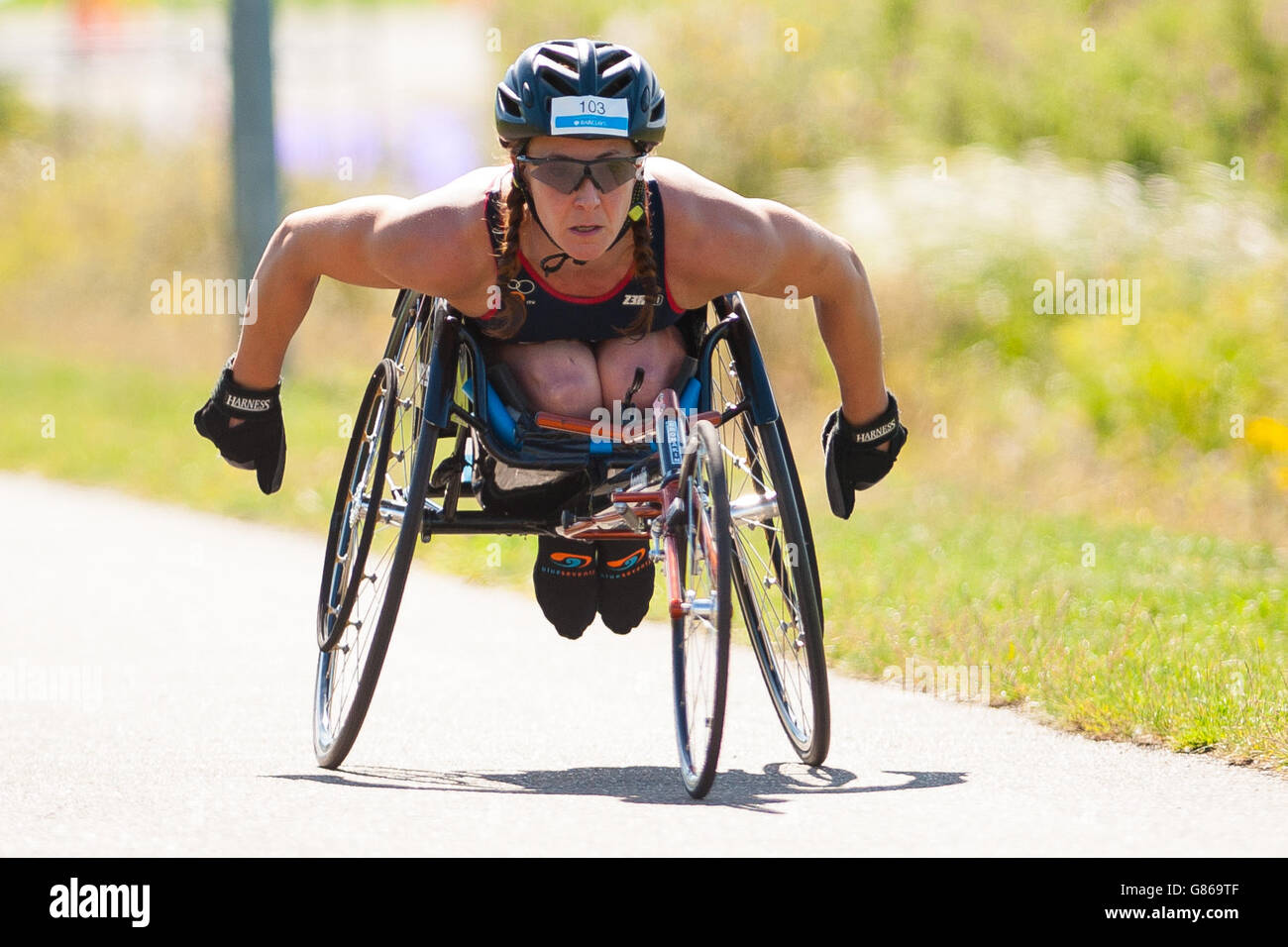 Lizzie Tench competes in the Para Tri Elite race during the Para Tri Series at Dorney Lake, Windsor. Stock Photo
