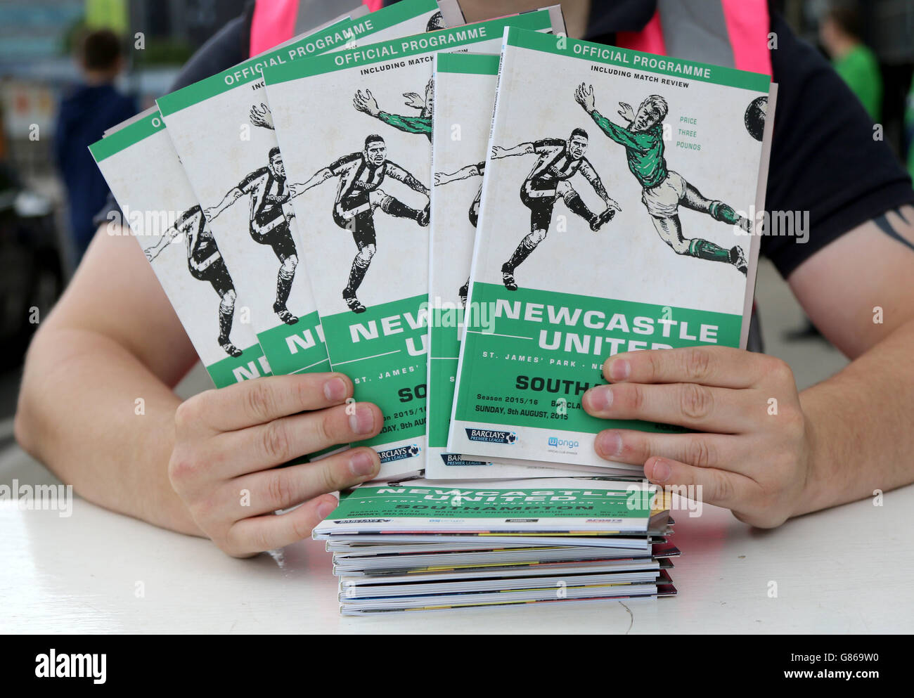 Retro Newcastle united match day programmes on sale at the Barclays Premier League match at St James' Park, Newcastle. Stock Photo