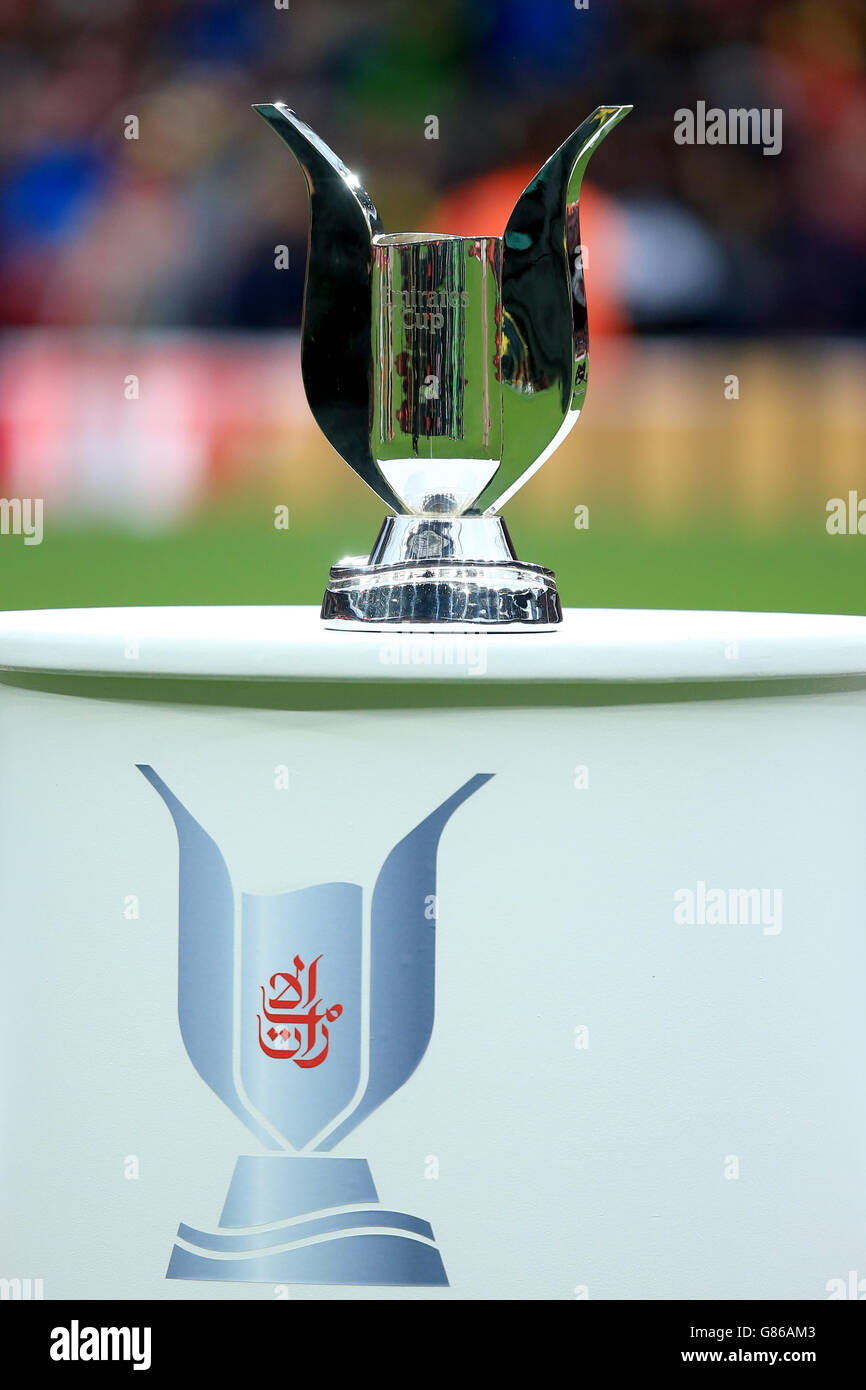 Detail of the emirates cup trophy on plinth the game hires stock