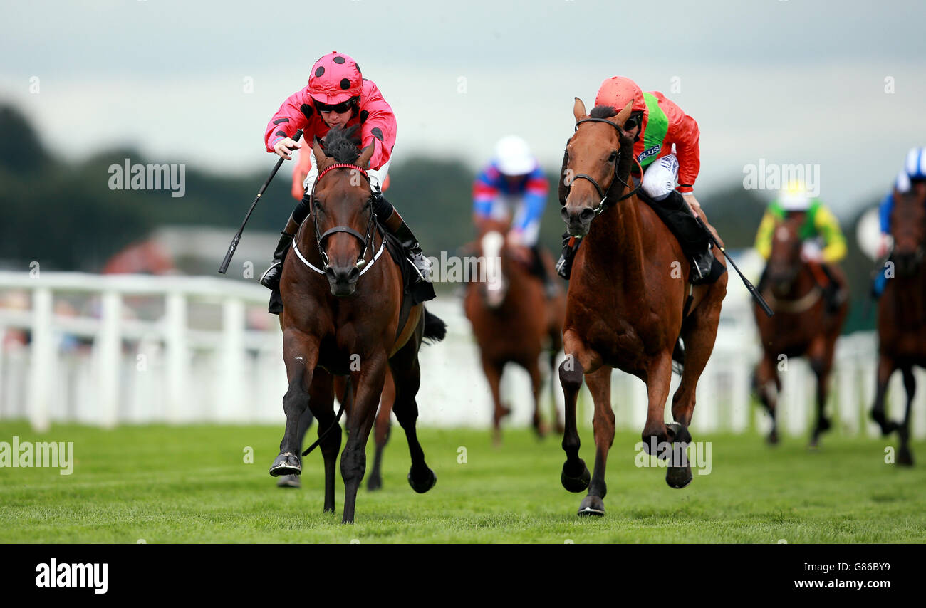 Dazzle The Duel ridden by Lee Roche (left) on their way to victory in the Christopher Smith Associates Handicap at Newbury Racecourse. PRESS ASSOCIATION Photo. Picture date: Friday August 14, 2015. See PA story RACING Newbury. Photo credit should read: David Davies/PA Wire Stock Photo