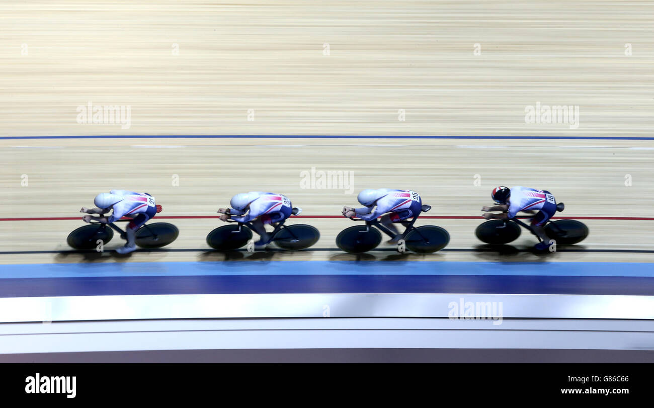 Team Great Britain's (from left to right) Ed Clancy, Owain Doull, Sir Bradley Wiggins and Steven Burke before winning the Men's Team Pursuit final during day one of the Revolution Series at Derby Arena. Stock Photo