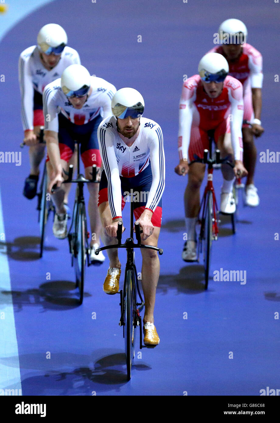 Team Great Britain's Sir Bradley Wiggins after winning the Men's Team Pursuit during day one of the Revolution Series at Derby Arena. Stock Photo