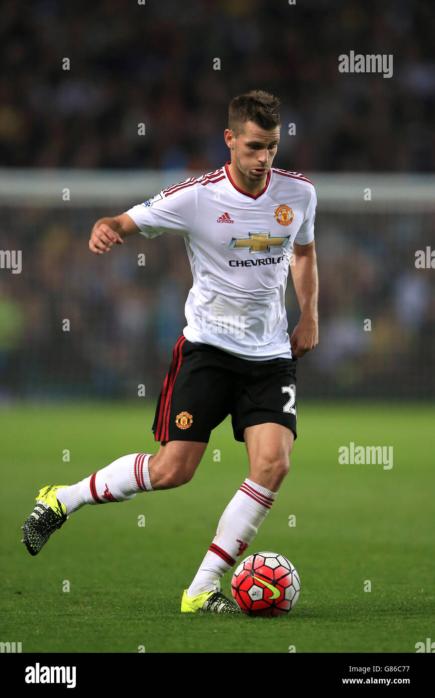 Manchester United's Morgan Schneiderlin in action during Barclays Premier League match at Villa Park, Birmingham. PRESS ASSOCIATION Photo. Picture date: Friday August 14, 2015. See PA story SOCCER Villa. Photo credit should read: Nick Potts/PA Wire. RESTRICTIONS: . Maximum 45 images during a match. No video emulation or promotion as 'live'. No use in games, competitions, merchandise, betting or single club/player services. No use with unofficial audio, video, data, fixtures, or club/league logos. Stock Photo