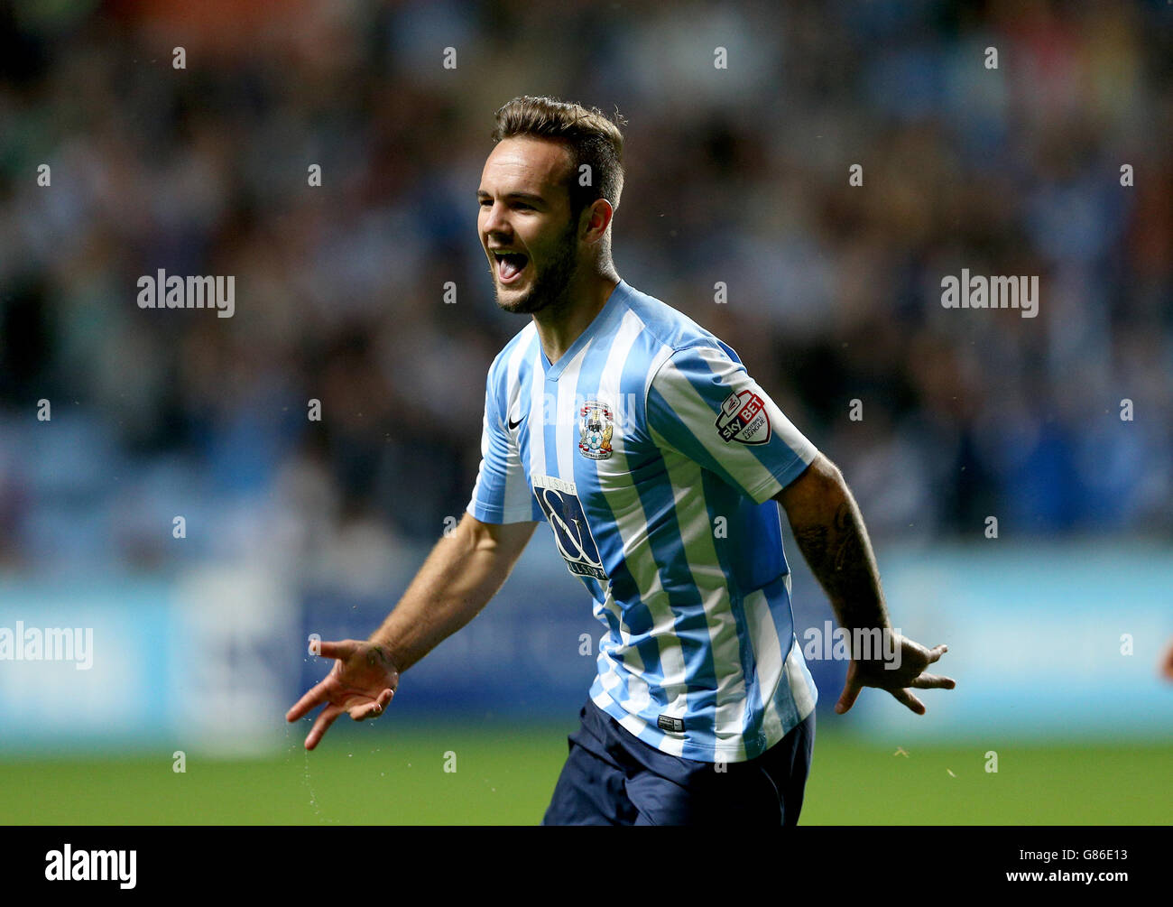 Coventry City's Adam Armstrong celebrates after scoring his side's second goal of the game during the Sky Bet League One match at the Ricoh Arena, Coventry. Stock Photo
