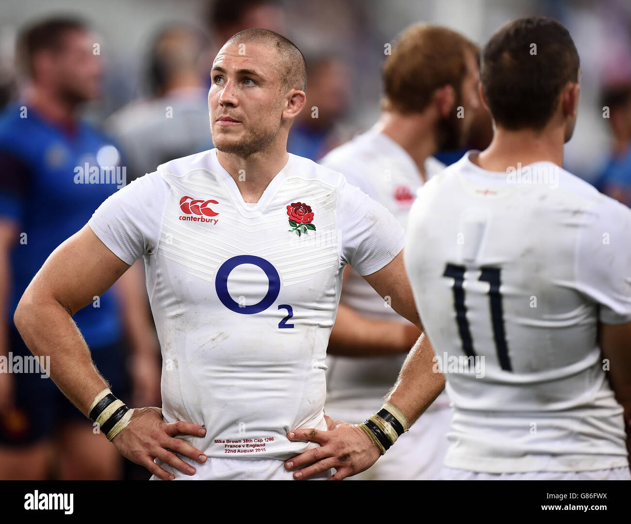 England's Mike Brown looks dejected after the World Cup Warm Up match at the Stade-de-France, Paris. Stock Photo