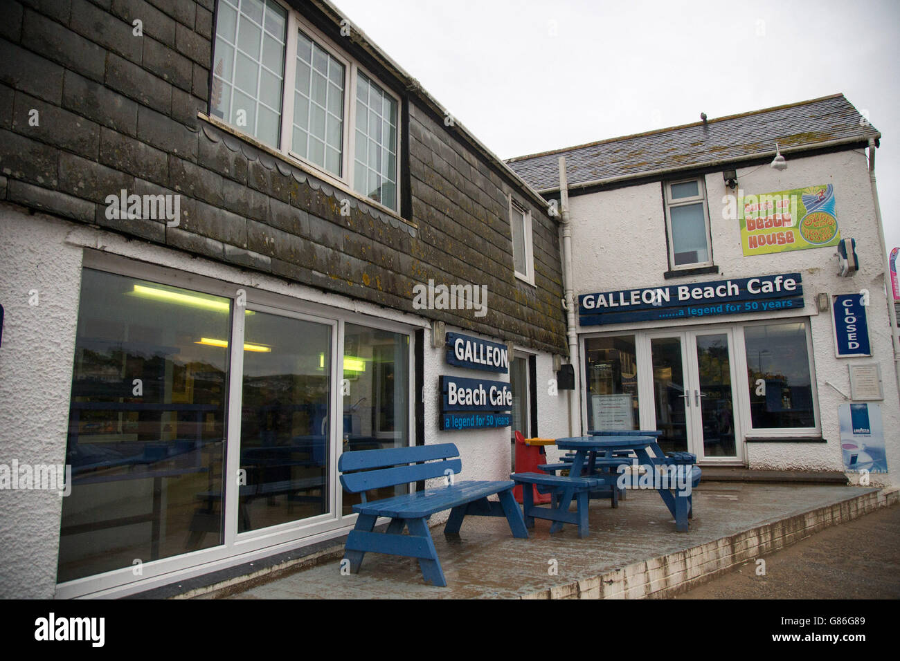 The Galleon Beach Cafe at Polzeath in Cornwall, England, where Prime Minister David Cameron and his family are currently staying on holiday nearby. Stock Photo