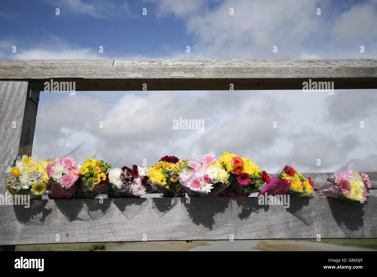 Flowers laid on the Shoreham Tollbridge that crosses the River Adur near the site where seven people died when an historic Hawker Hunter fighter jet plummeted on to the A27 at Shoreham in West Sussex after failing to pull out of a loop manoeuvre. Stock Photo