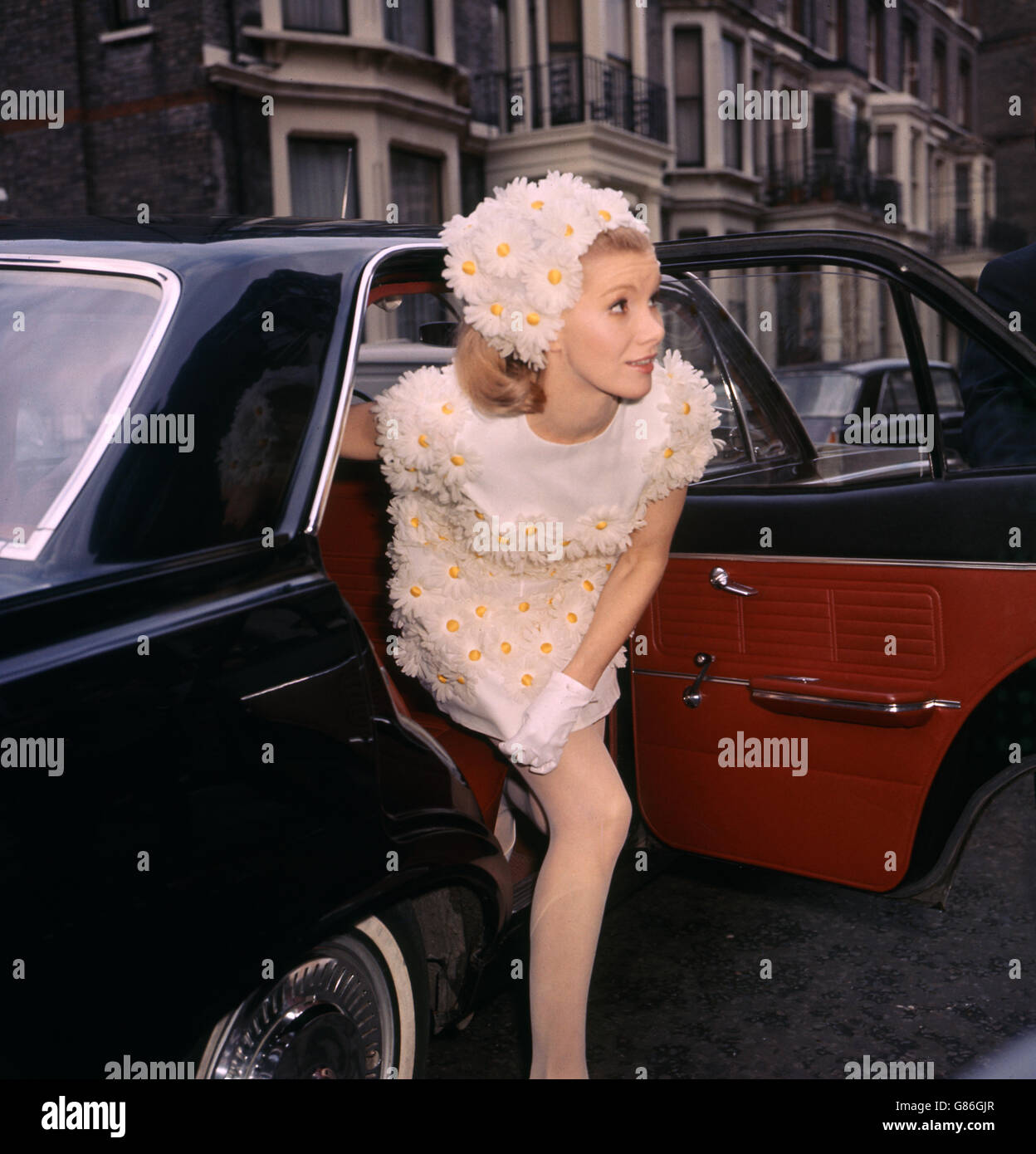 Actress Susan Hampshire in Dior 'mini' dress of white silk organza appliqued with marguerits & matching headscarf, arriving at Kensington Register Office for her marriage to French film director Pierre Granier-Deferre. Stock Photo