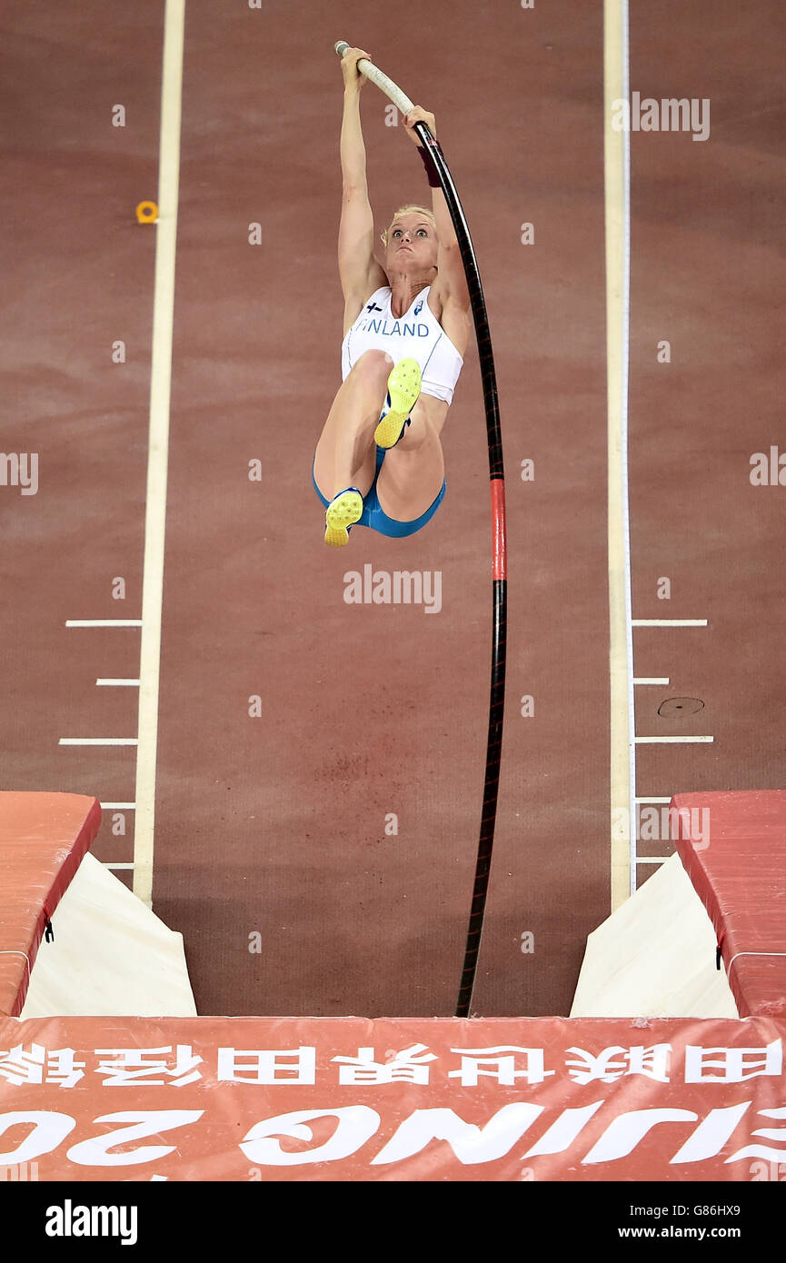 Finland's Minna Nikkanen in action in the women's pole vault during day five of the IAAF World Championships at the Beijing National Stadium, China. Stock Photo