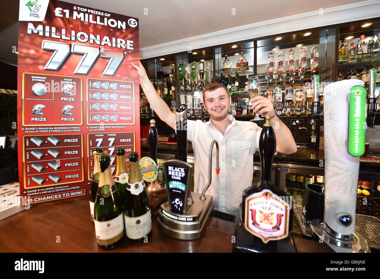 22 year old Lewis Rider celebrates after winning &pound;1m on a National Lottery Scratchcard at Ramside Hall Hotel in Durham. Stock Photo