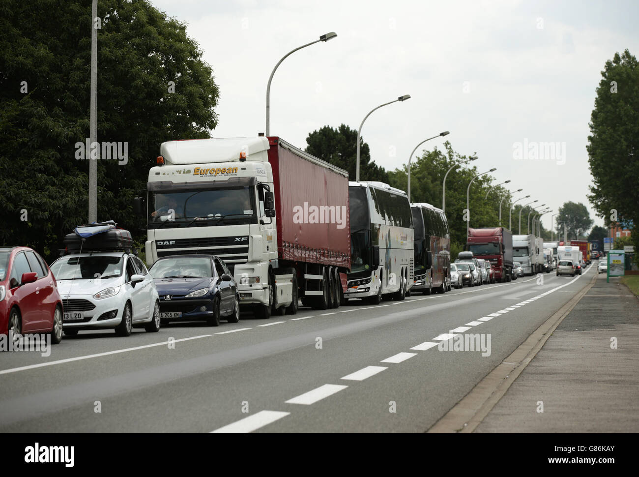 Congested roads around the port of Calais, France, after a fire was set by striking French ferry workers on the A16 bringing disruption to the area. Stock Photo