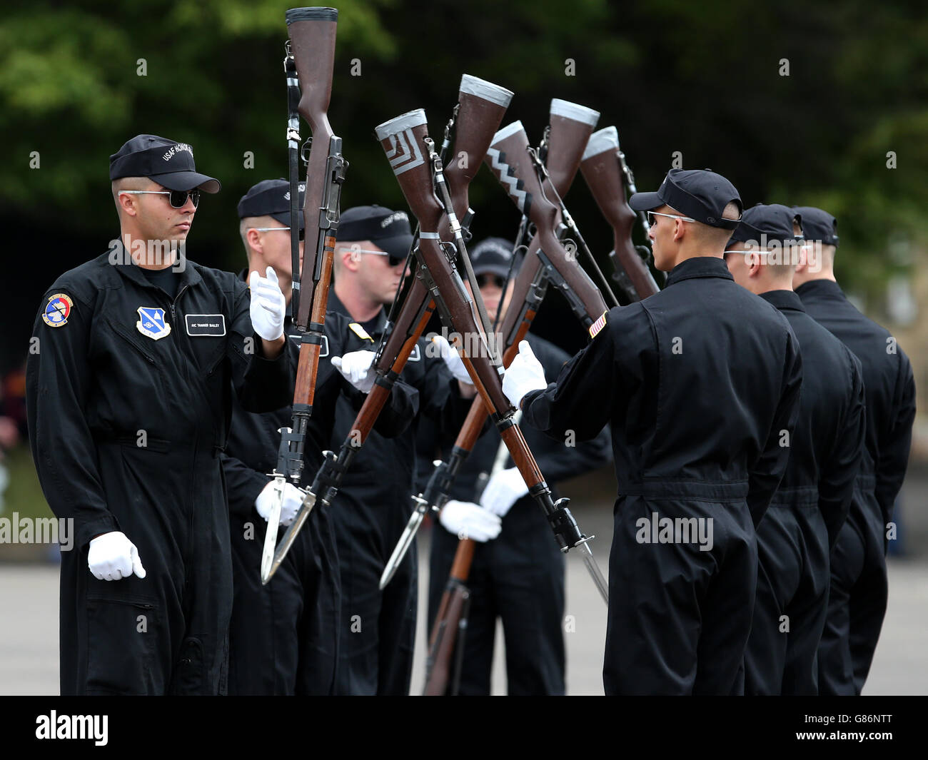 The United States Air Force Honour Guard at Redford Cavalry Barracks in Edinburgh, perform at a rehearsal for the Royal Edinburgh Military Tattoo which begins on the August 7th on the castle esplanade at Edinburgh Castle. Stock Photo