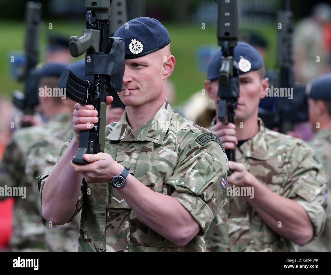 The RAF regiment, at Redford Cavalry Barracks in Edinburgh, perform at a rehearsal for the Royal Edinburgh Military Tattoo which begins on the August 7th on the castle esplanade at Edinburgh Castle. Stock Photo