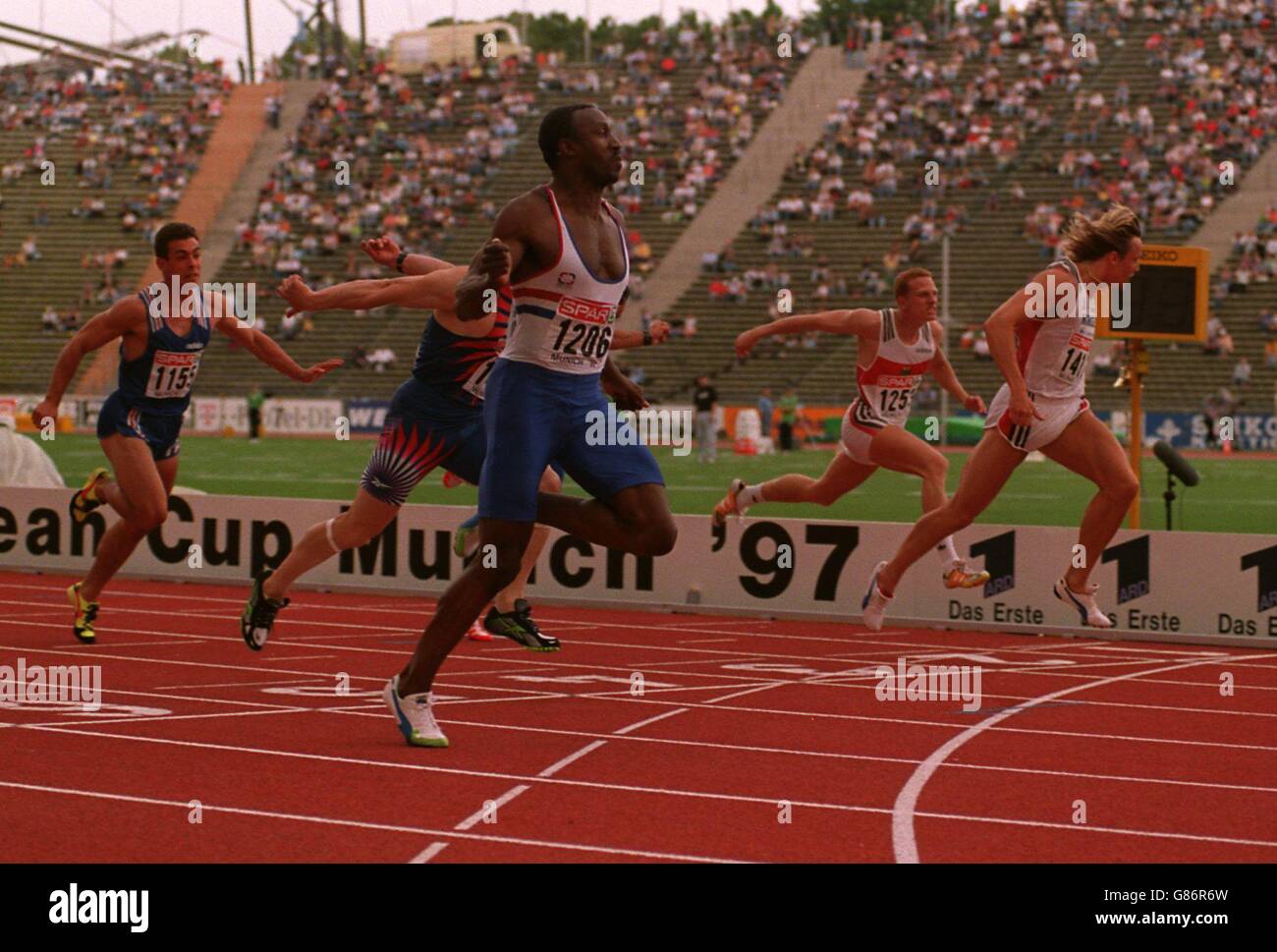 Europa Cup Athletics. Linford Christie wins the 100m Stock Photo