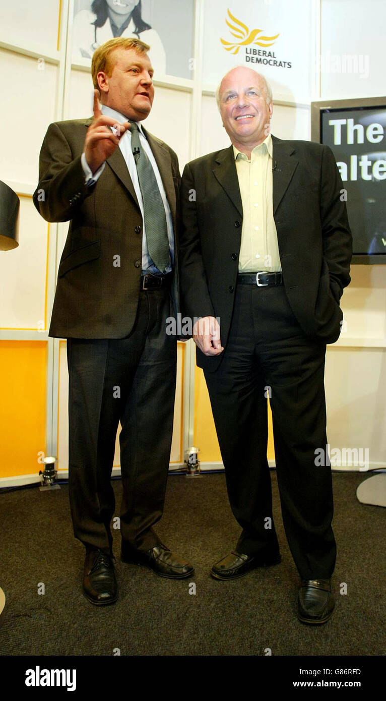 Liberal Democrat leader Charles Kennedy (left) is joined by Greg Dyke as he sought to keep the issue of trust at the forefront of his campaign. Former BBC director general Greg Dyke warned that another Labour Government led by Tony Blair would 'undermine' British democracy. Mr Dyke, a Labour supporter for 40 years, pledged his allegiance this time to the Liberal Democrats and accused Mr Blair of running a 'presidential' government. Stock Photo