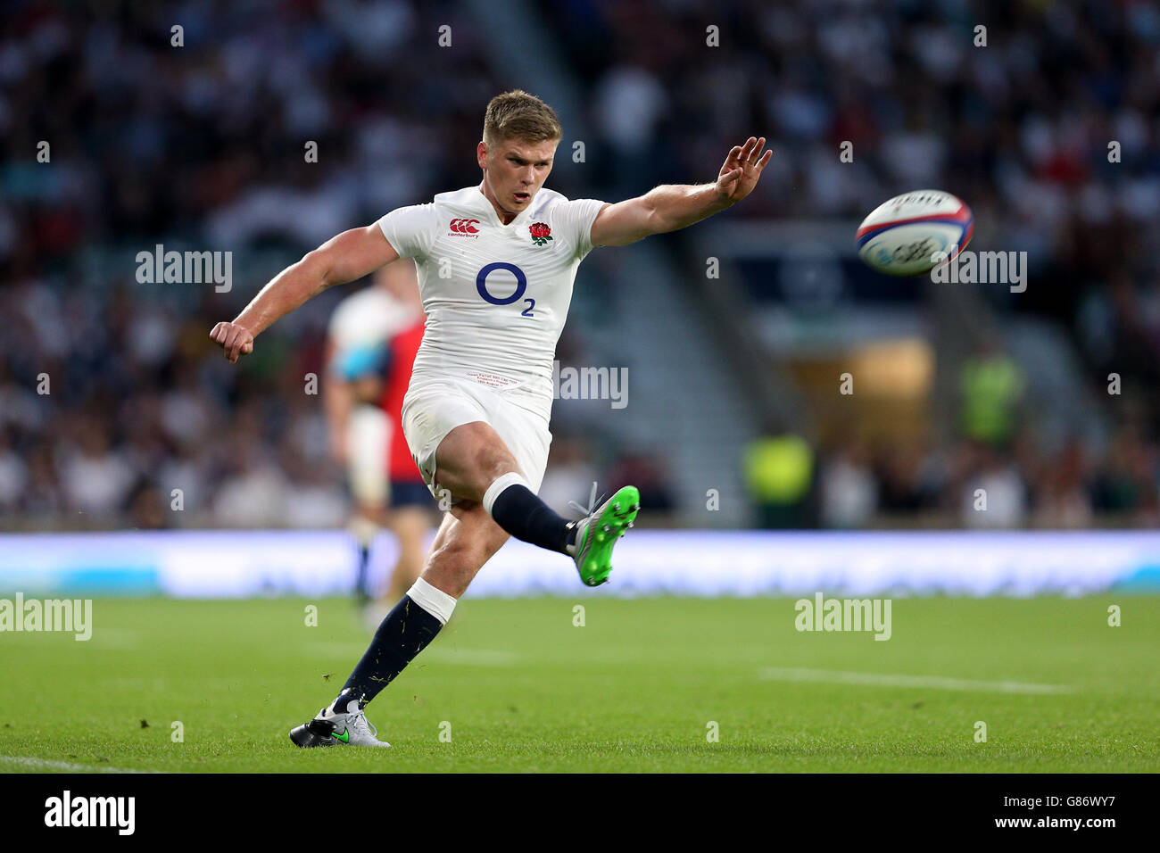 England's Owen Farrell kicks a conversion during the World Cup warm up ...