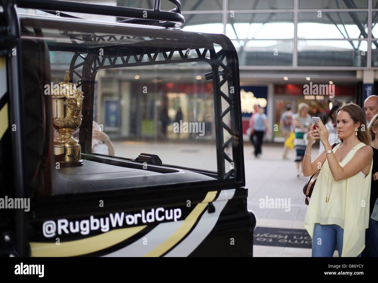 The Webb Ellis Cup at intu Milton Keynes as part of the 100 day Rugby World Cup Trophy Tour of the UK & Ireland. Stock Photo