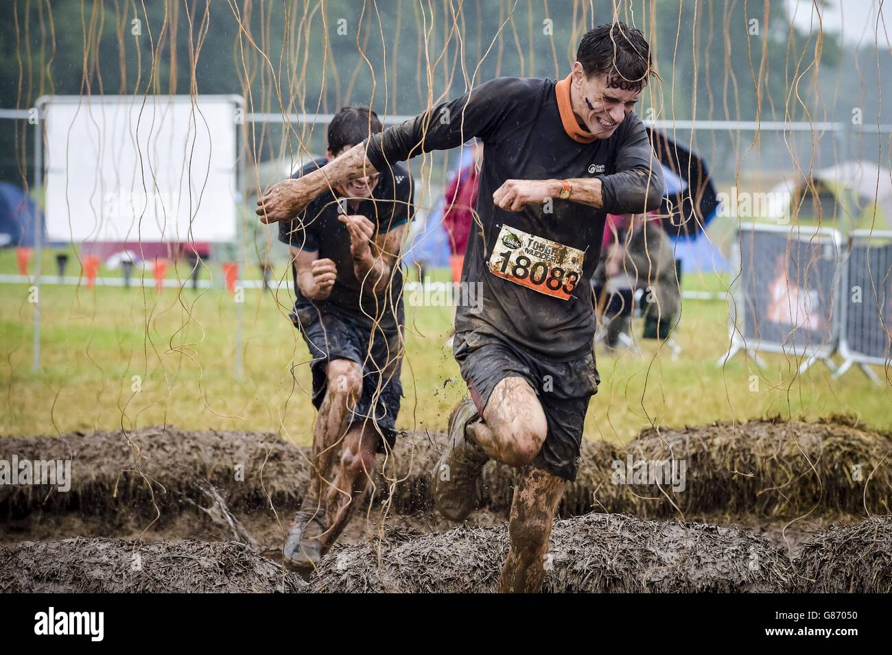 Participants wince as they run through an electric shock obstacle, as each wire gives a blast of electricity, during a Tough Mudder 12 mile event in Cirencester, Wiltshire. Stock Photo