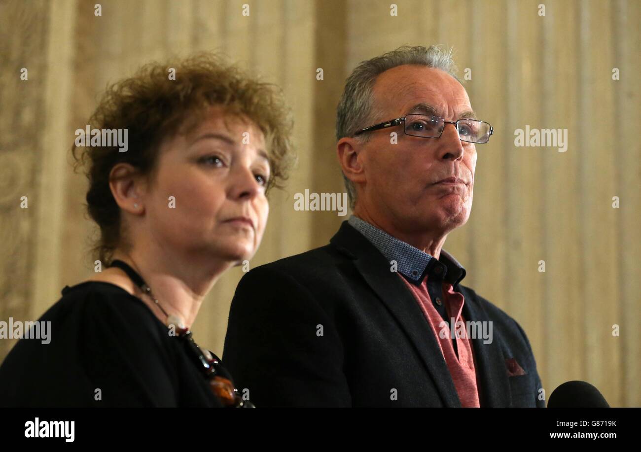 Sinn Fein's Caral Ni Chuilin and Gerry Kelly speaking at Stormont Parliament buildings in Belfast after the Ulster Unionist Party announced its intent to resign from Northern Ireland's power-sharing executive and form an opposition over claims the Provisional IRA still exists. Stock Photo