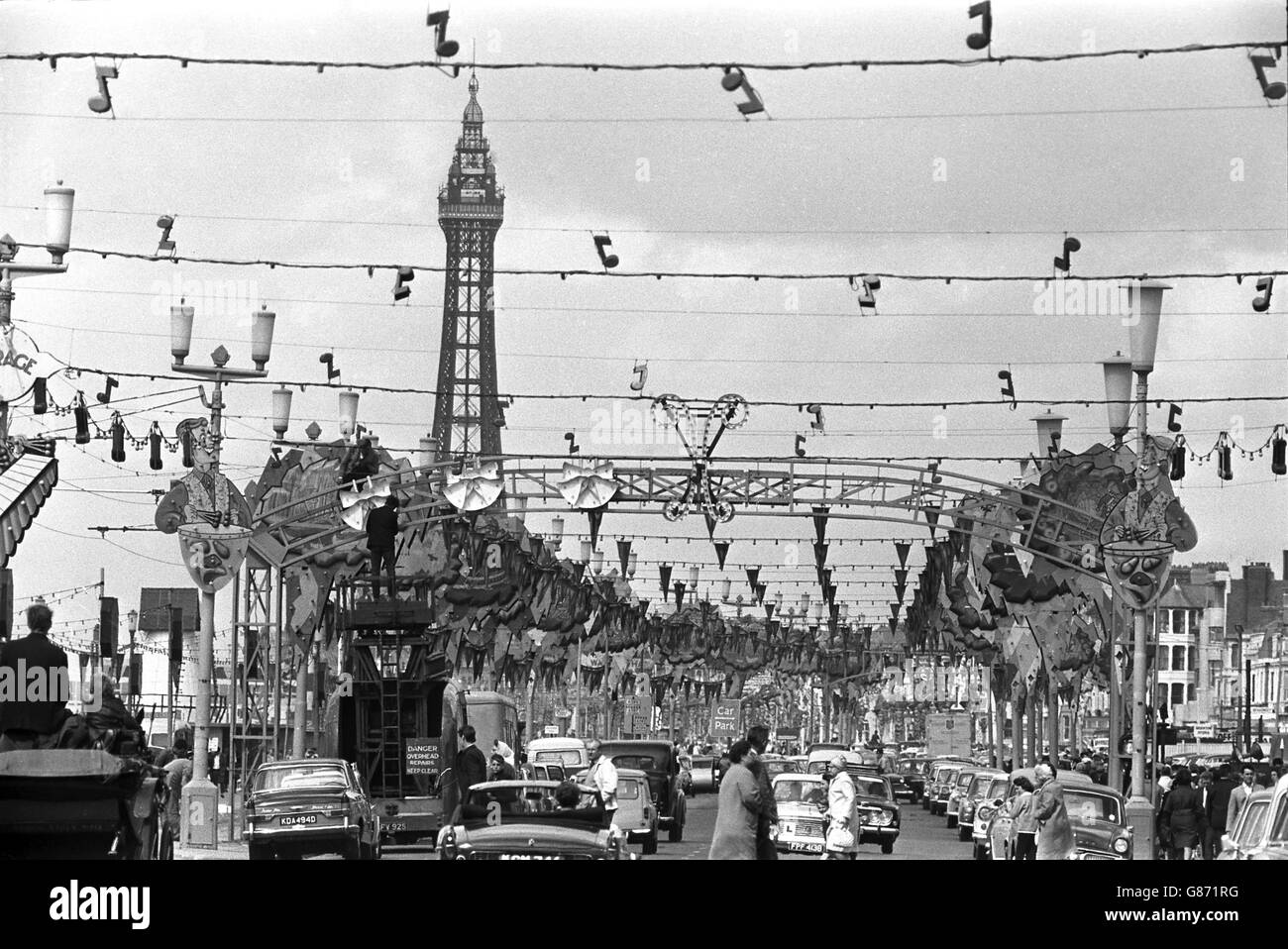The Blackpool Illuminations are constructed along seven miles of the town's promenade. They are due to be turned on by Dr Horace King, Speaker of the House of Commons. Stock Photo