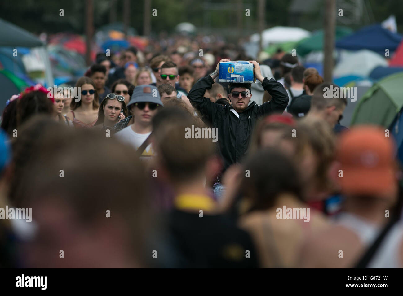 A music fan carries a box of lager on the first day of the Reading Festival in Berkshire. Stock Photo