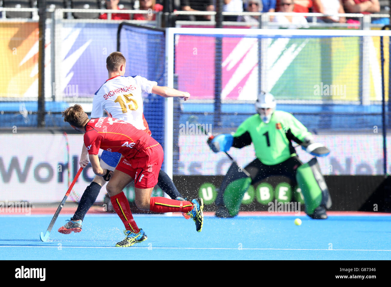 Belgium's Emmanuel Stockbroekx (left) scores his side's sixth goal of the game during the Pool C Classification match at the Lee Valley Hockey and Tennis Centre, London. PRESS ASSOCIATION Photo. Picture date: Saturday August 29, 2015. Photo credit should read: Simon Cooper/PA Wire Stock Photo