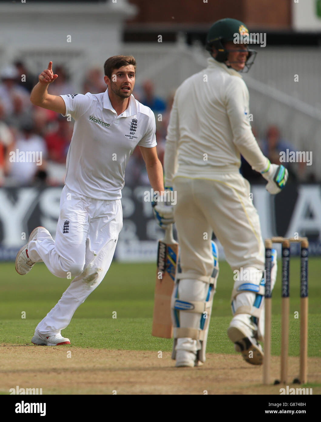 England's Mark Wood celebrates taking the wicket of Australia captain Michael Clarke during day two of the Fourth Investec Ashes Test at Trent Bridge, Nottingham. Stock Photo