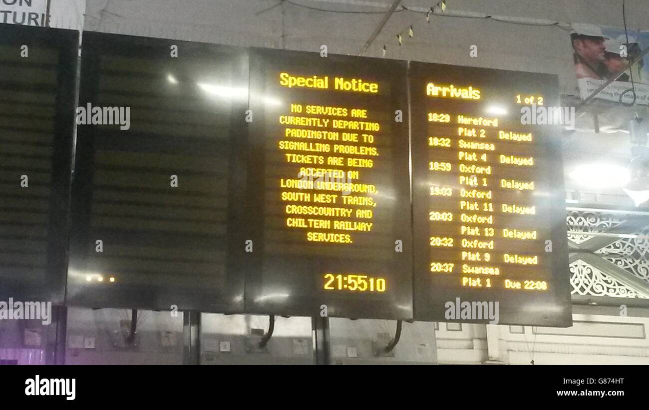 The departures board at Paddington station as services were severely disrupted because of power supply problems to the signalling system near Southall, west London, had a severe impact on First Great Western services. Stock Photo