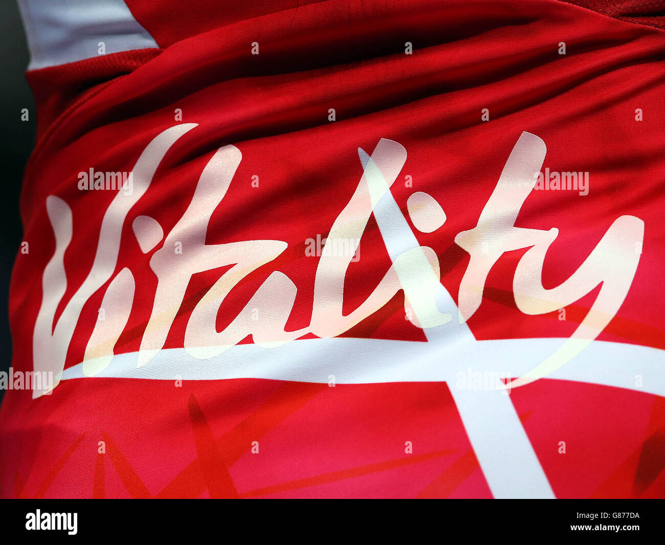 Netball - 2015 Netball World Cup - Qualification Round - England v Australia - Allphones Arena. A general view of the Vitality branding on the England kit Stock Photo