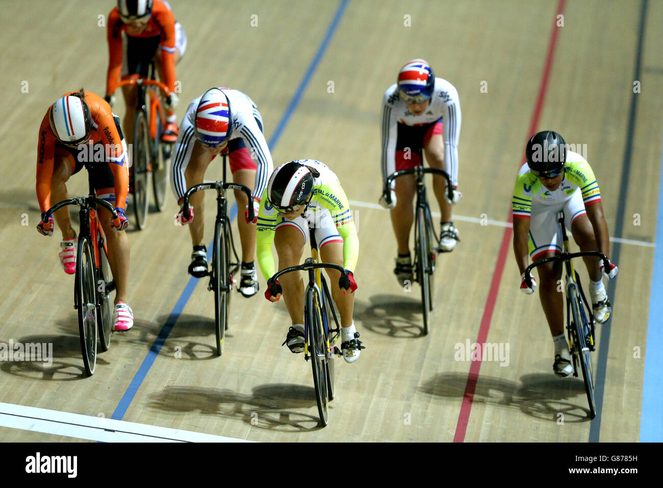 France's Sandie Clair (centre) wins the first round of the Women's Keirin during day three of the Revolution Series at Derby Arena. PRESS ASSOCIATION Photo. Picture date: Sunday August 16, 2015. See PA story CYCLING Derby. Photo credit should read: Tim Goode/PA Wire Stock Photo