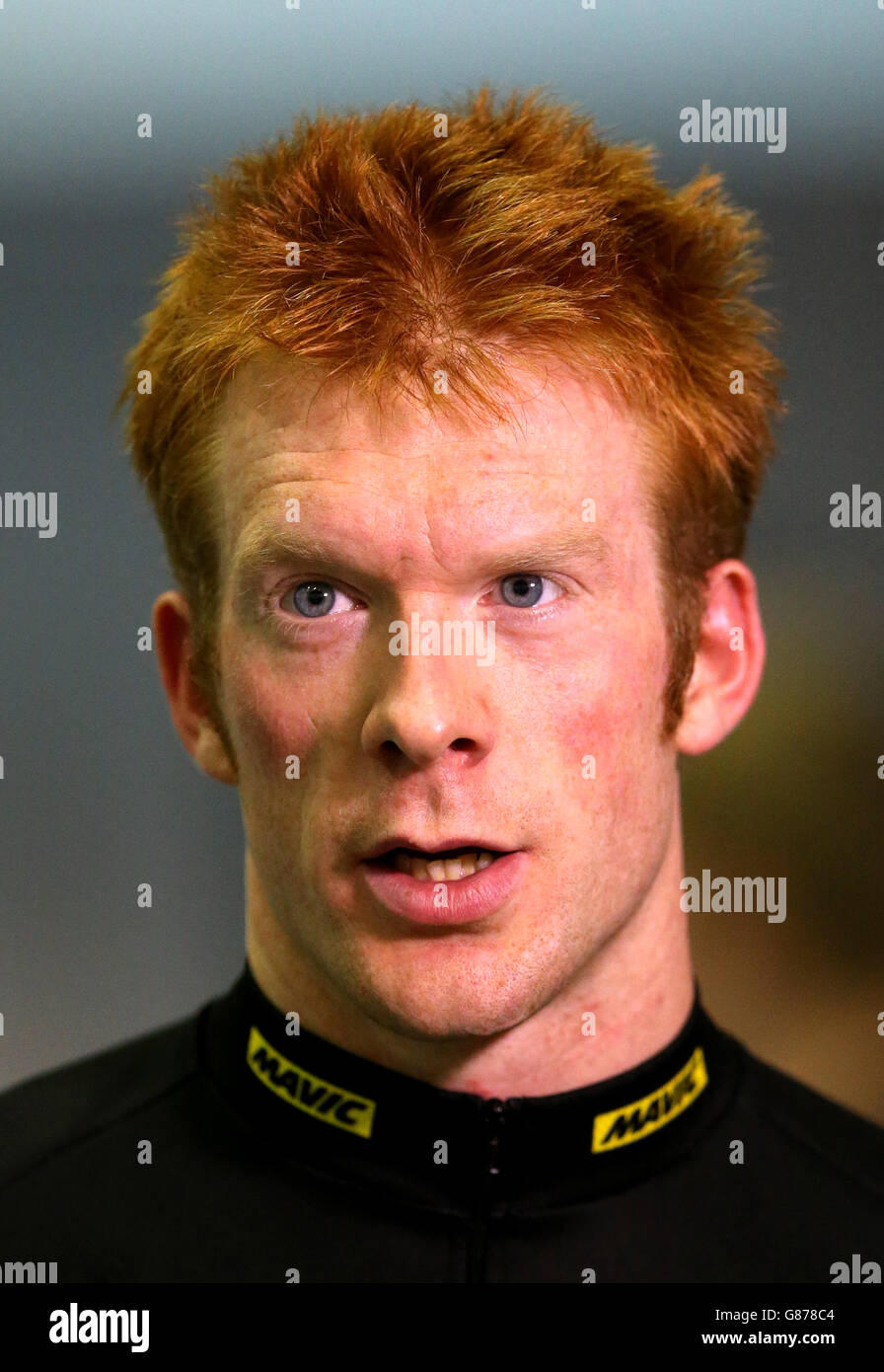 Great Britain's Ed Clancy speaks to the press after winning the Mens Omnium Points Race during day three of the Revolution Series at Derby Arena. Stock Photo