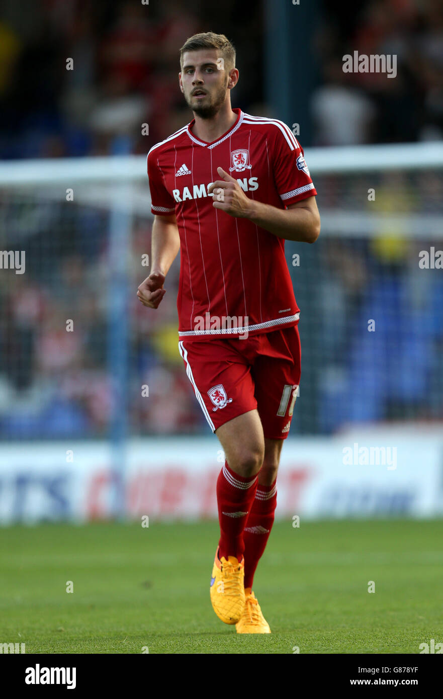 Middlesbrough's Jack Stephens during the Capital One Cup, First Round match at Boundary Park, Oldham. PRESS ASSOCIATION Photo. Picture date: Wednesday August 12, 2015. See PA story SOCCER Oldham. Photo credit should read: Simon Cooper/PA Wire. . No use with unauthorised audio, video, data, fixture lists, club/league logos or 'live' services. Online in-match use limited to 45 images, no video emulation. No use in betting, games or single club/league/player publications. Stock Photo