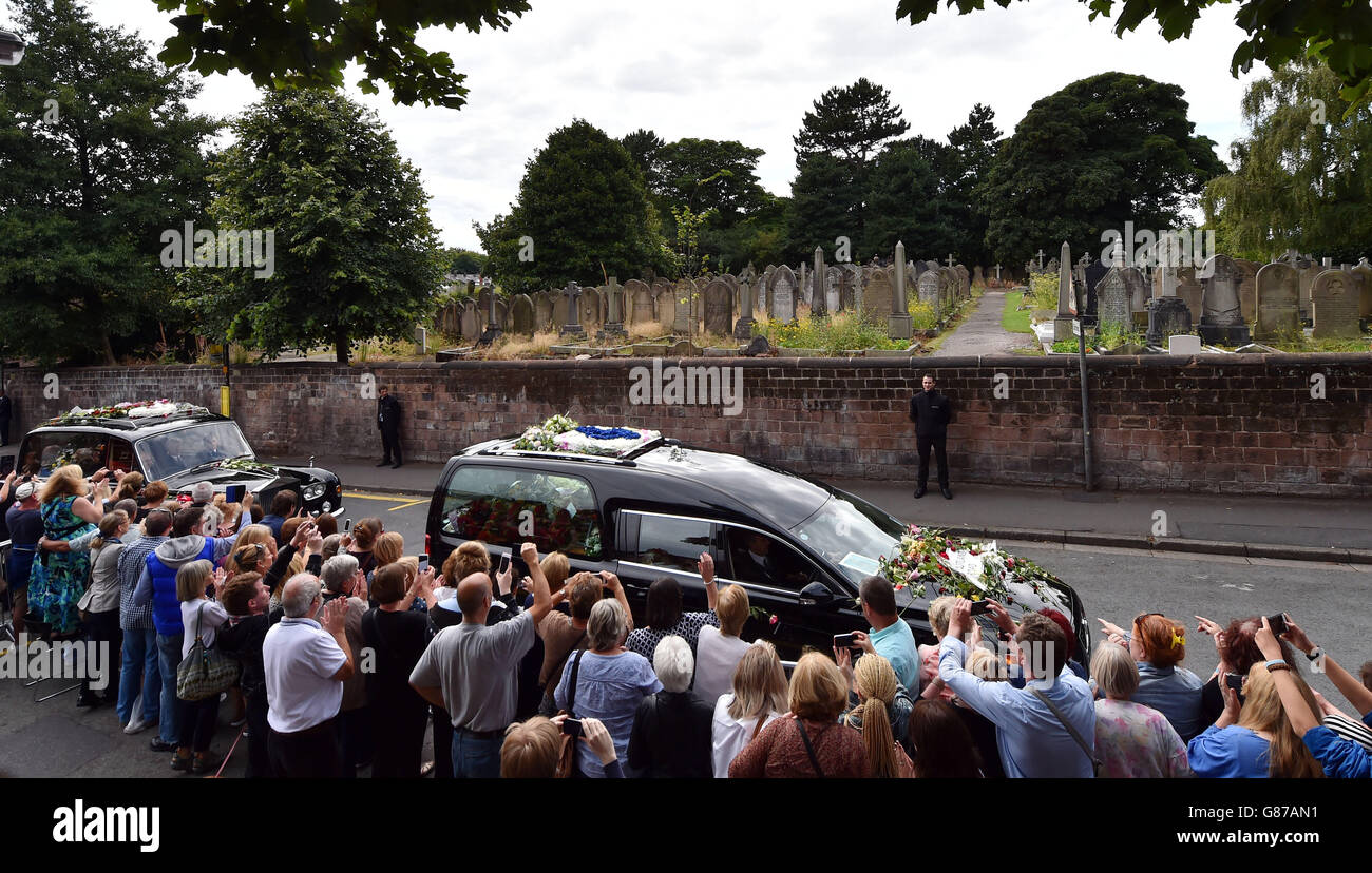The coffin of Cilla Black leaves St Mary's Church in Woolton, Liverpool, after her funeral service. Stock Photo