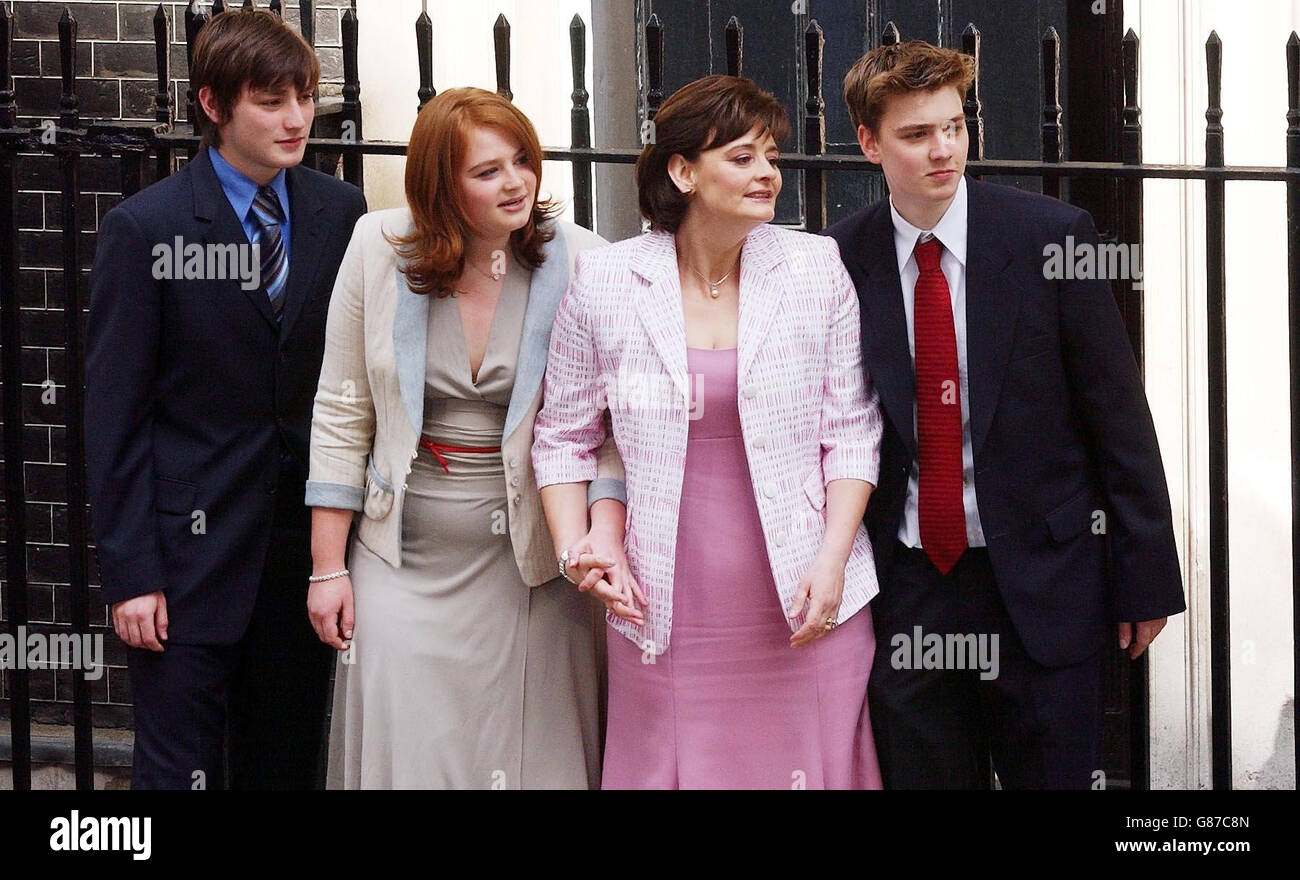 Cherie, the wife of Britain's Prime Minister Tony Blair, with children Nicky (L), Kathryn and Euan in Downing Street, following the Labour Party's historic third General Election win. Stock Photo