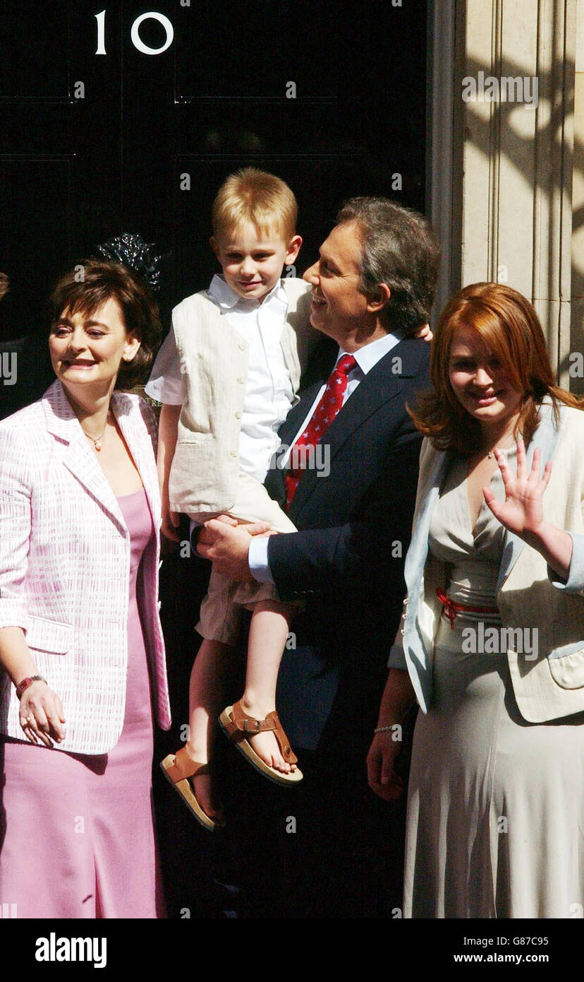 British Prime Minister Tony Blair poses with his wife Cherie and their children Leo and Kathryn in Downing Street after Labour held on to power in the General Election. Stock Photo